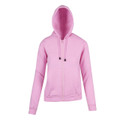 Light pink zip-up hoodie with drawstring hood, front pockets and ribbed cuffs displayed flat