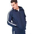 Man wearing navy warm up jacket with white contrast sleeve stripes and full-length zip