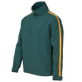 Bottle green full-zip warm up jacket with gold contrast sleeve stripes and funnel collar, flat lay