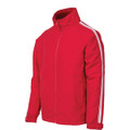 Red full-zip warm up jacket with white contrast stripe panels on sleeves and high funnel collar
