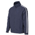 Navy warm up jacket with white contrast piping along sleeves and full zip front