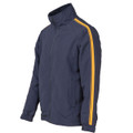Navy full-zip warm up jacket with gold contrast sleeve stripe, funnel collar and side zip pockets