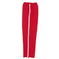 Bright red warm up pants with white contrast stripe down side seam and white drawstring waistband