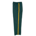 Bottle green warm up pants with gold contrast side stripe and zip hem, flat lay packshot