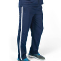 Navy warm up pants with white contrast side stripe, worn by male model with matching navy top