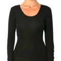 Black long sleeve thermal tee with scoop neck in merino wool featuring fitted silhouette and ribbed texture