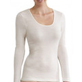 Natural cream merino wool long sleeve thermal top with scoop neckline and fitted silhouette