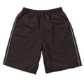 Black men's sports shorts with white side piping, elastic waistband, flat-lay packshot