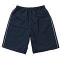 Navy athletic shorts with white piping trim along side seams and elastic waistband