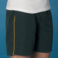 Bottle green men's sports shorts with gold side piping detail, elastic waistband, worn on model