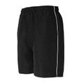 Black kids sports shorts with white side piping and elasticated waistband, packshot view
