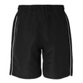 Black kids' sports shorts with white piping trim along sides and elasticated waistband