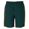 Bottle green kids sports shorts with gold piping down both sides and elasticated waistband