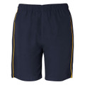 Navy sports shorts with gold and white contrast piping along sides and elastic waistband