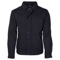 Navy canvas shell jacket with button front closure and pointed collar
