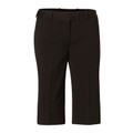 Black knee-length stretch shorts with flat front panel, belt loops, and side pockets