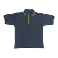 Navy pique polo with gold contrast tipping on collar and placket, three button front