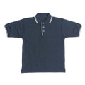 Navy blue kids polo shirt with white contrast tipping on collar and sleeves, three-button placket