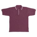 Maroon kids pique polo shirt with white contrast tipping on collar and sleeve cuffs, three-button placket, flat lay