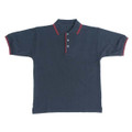 Navy blue polo shirt with maroon contrast tipping on collar and sleeves, three-button placket