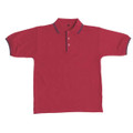 Maroon kids polo shirt with charcoal contrast tipping on collar and placket, flat lay view with button-up front