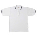 White pique polo shirt with navy contrast tipping on collar and sleeves, featuring front placket