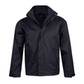 Navy storm jacket with concealed hood and front zip closure featuring protective storm flap