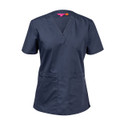 Navy ladies scrubs top with V-neck, short sleeves and dual front patch pockets
