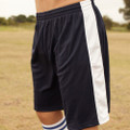 Navy sports shorts with white side panels and elasticated waistband worn outdoors