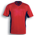 Red textured mesh soccer jersey with navy side panels and striped v-neckline, short sleeve