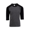 Charcoal grey body with black three-quarter raglan sleeves, crew neck baseball tee with colour contrast