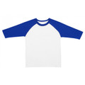 White kids raglan tee with royal blue three-quarter sleeves and contrast neckline