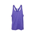 Heather purple men's racerback singlet with narrow shoulder straps and relaxed body, flat lay
