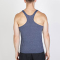 Rear view of male model wearing a navy heather racerback singlet with deep armholes and Y-back strap