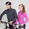 Charcoal and magenta half-zip high neck activewear tops with long sleeves and fitted silhouette