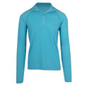 Aqua blue long sleeve half-zip top with high neck collar and raglan sleeves
