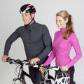 Charcoal grey half-zip high neck pullover paired with bright magenta long sleeve top, both featuring athletic fit