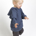 Heather navy kids hoodie with kangaroo pocket and raglan sleeves shown on toddler