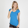 Bright blue marl scoop neck t-shirt with cap sleeves and curved hem on female model