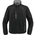 Black softshell jacket with grey contrast piping, chest pocket, full zip closure and grey inner collar detail