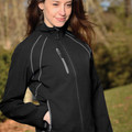 Black stretch soft shell jacket with grey contrast piping and chest pocket with zipper