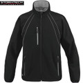 Black ladies stretch soft shell jacket with grey contrast piping and chest pocket