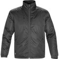 Charcoal grey thermal jacket with stand collar, full zip closure, chest and hand pockets
