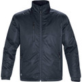 Navy thermal shell jacket with stand collar, full-length zipper, chest pocket and side zip pockets