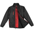 Black unisex thermal jacket with red zip placket, quilted lining, stand collar and red chest pocket detail