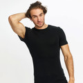 Black Fort Men's Merino T-Shirt with short sleeves, made from comfortable, natural merino wool ideal for all-season wear and active layering.