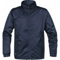 Navy lightweight outer shell jacket with full zip front and stand collar