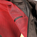 Bright red mesh-lined jacket with charcoal contrast panels and zipper detail