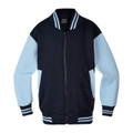 Navy varsity jacket with sky blue sleeves and striped rib collar and cuffs featuring full zip closure