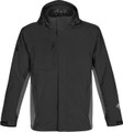 Charcoal grey waterproof jacket with grey side panels, hood, chest zip pocket and front closure